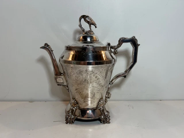Antique Victorian Webster MFG Silverplate Teapot with Crane Decorations
