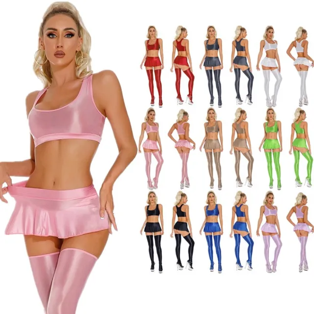 DE Damen Glossy Dessous Set Top und Minirock Strümpfe Bademode Outfit Badeanzug