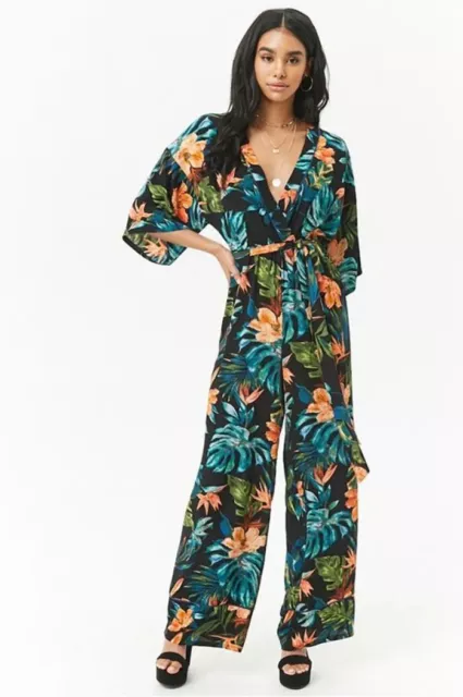 Floral Jumpsuit Small Wrap V Neck Belted Tropical Hawaiian Open Back Romper