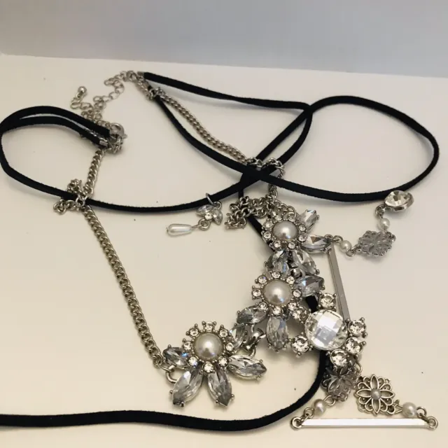 Black Suede Cord Bolo Triple Strand Silvertone Necklaces J6422