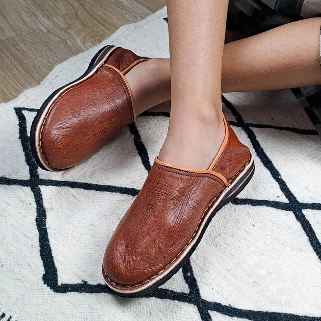 Babouche Marocaine Traditionnelle en Cuir Pantoufle Chaussures Marocaines Marron
