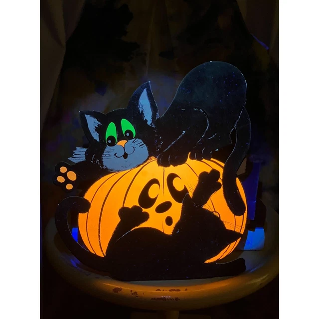 VINTAGE BLACK CAT Pumpkin Jack Lantern Halloween Glow Blacklight ...