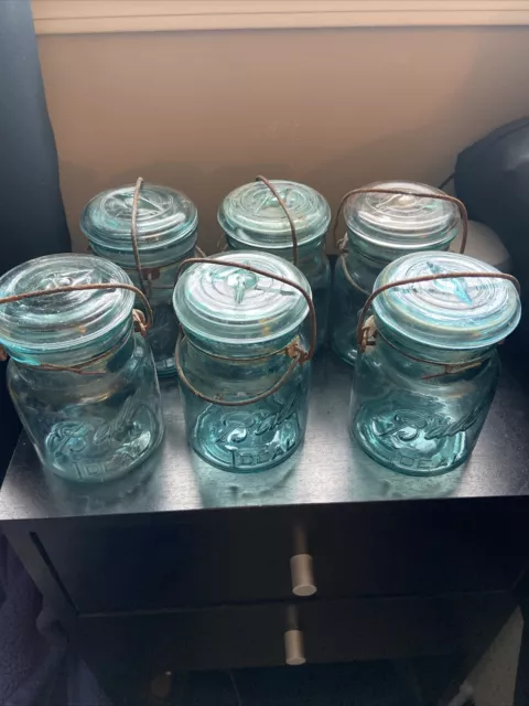 Ball Ideal Blue Aqua Pint Canning Jar with Glass Lid Vintage lot of 6 2