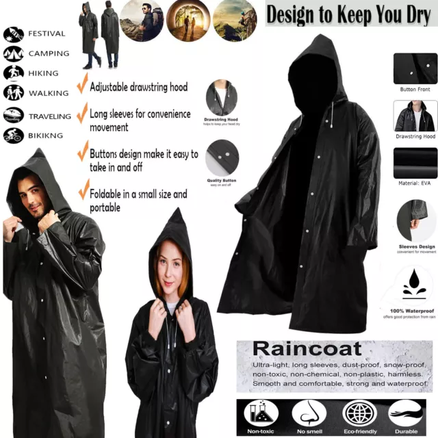 Waterproof Raincoat Long Black Men Womens Rain Coat Jacket Hooded Outdoor Hiking