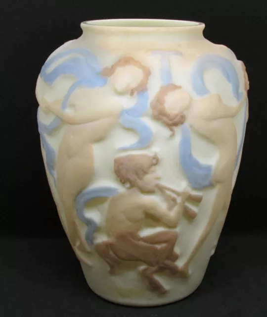 Art Deco 1920s-30s Consolidated Glass Dancing Girls Nudes Pan Vase on Custard