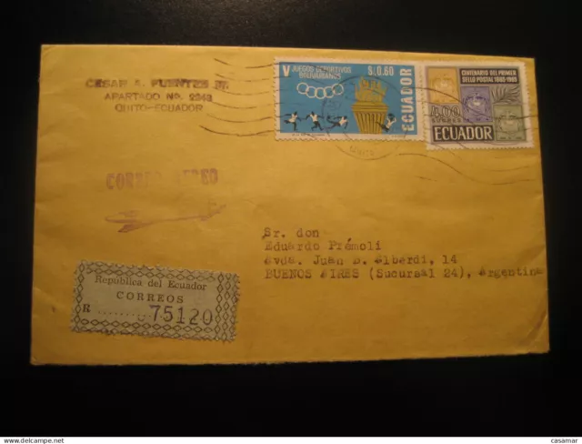 QUITO 1968 To Buenos Aires Argentina Registered Air Mail Cancel Cover ECUADOR