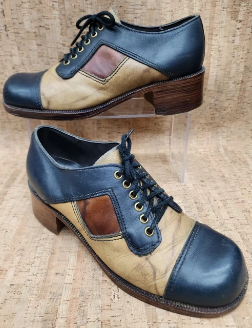 Vintage 60s 70s The Saddle Patch Cap Toe Navy Tan Platform Shoes Disco Size 8.5M