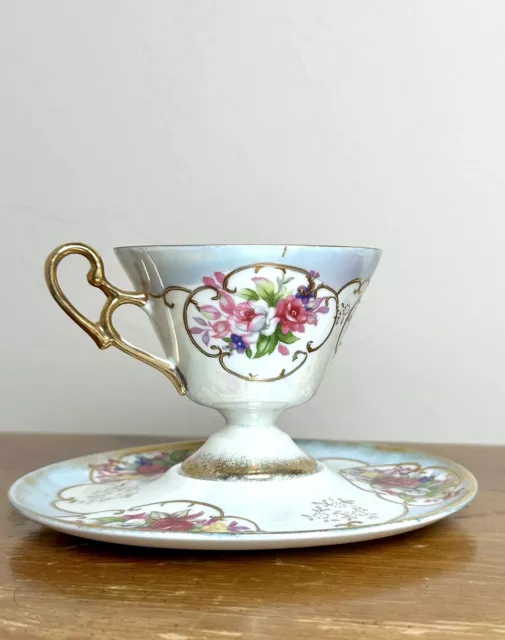 Vintage 1960s Lusterware Pedestal Teacup And Saucer Set Peony Rose Iridescent