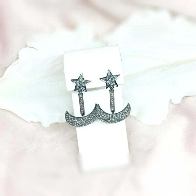 Moon & Star Earring Natural pave Diamond 925 Solid Sterling Silver Jewelry