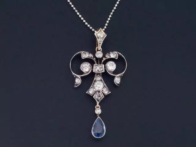 Royal Antique Style Victorian Pendant 1Ct Simulated Sapphire 14K White Gold Over