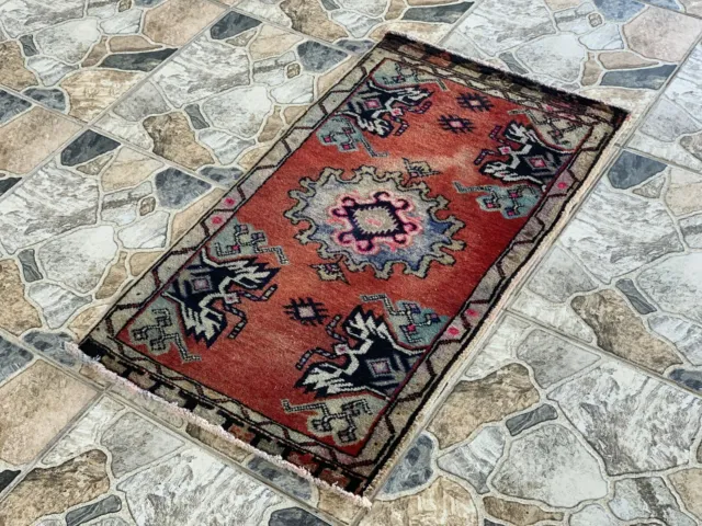 Small Turkish Vintage Oushak Rug, Wool Geometric Oriental Handmade Farmhouse 2x3