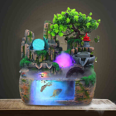 Resin Rockery Fountain Atomizing Effect w/Rolling LED Ball+Mini Goldfish Tank