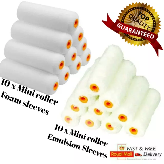 10 or 5 4" Mini Roller Sleeves Refills Foam & Emulsion Gloss Paint 100mm