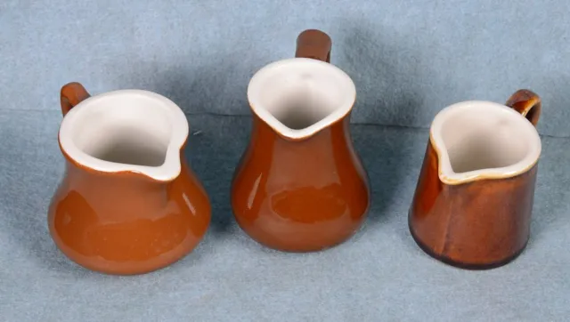 (3) Vintage HALL POTTERY Small Brown & White Indiviudal CREAMER / PITCHER 2.5"H