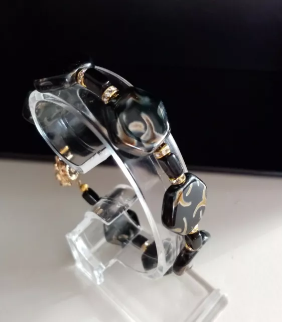 Schmuck Perlen Armband böhmische 6-Kant Perlen schwarz mit Muster 21 cm