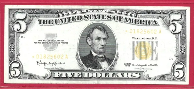 Vintage “Star Note” 1963 $5.00 Five Dollars Yellow Seal Currency