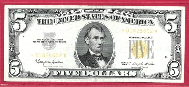 Vintage “Star Note” 1963 $5.00 Five Dollars Yellow Seal Currency