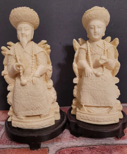 Chinese Hand-Carved Resin Emperor and Empress Figures- Vintage - 9 in. Wood Base