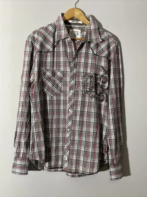 Guess Jeans Shirt Medium Mens Plaid Pearl Snap Long Sleeve