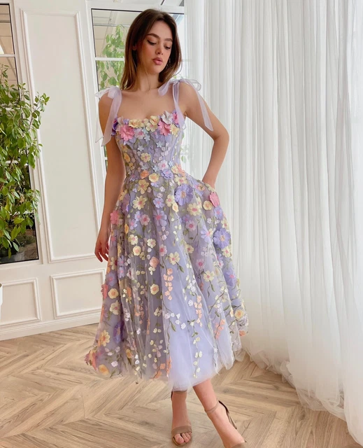 LILAC FORMAL DRESS Pastel Floral Embroidery Midi Party Gown
