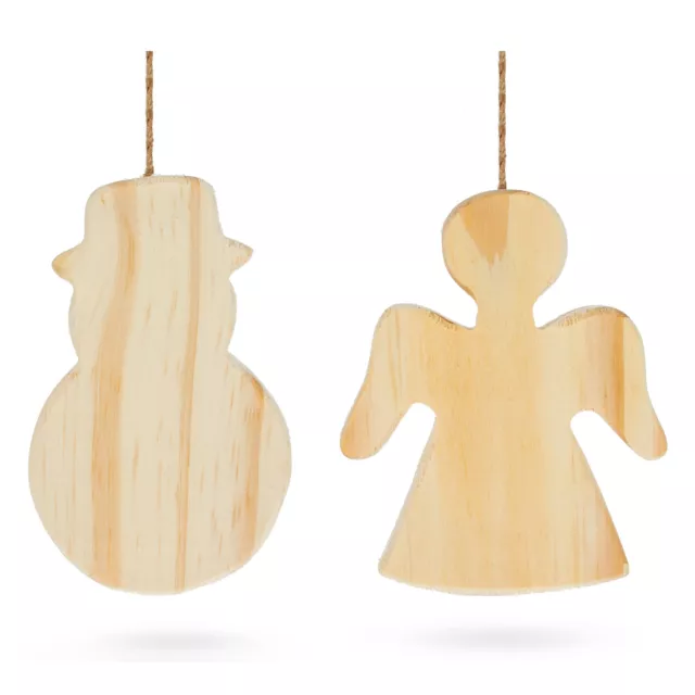 Set of 2 Unfinished Unpainted Wooden Snowman and Angel Christmas Ornaments