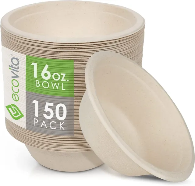 Ecovita Disposable Bowls Leak Resistant Compostable Classic 150 Pieces 6x2" New