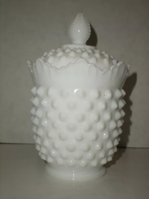 vtg Fenton Hobnail Covered Sugar Jelly Jam Jar Urn Milk Glass