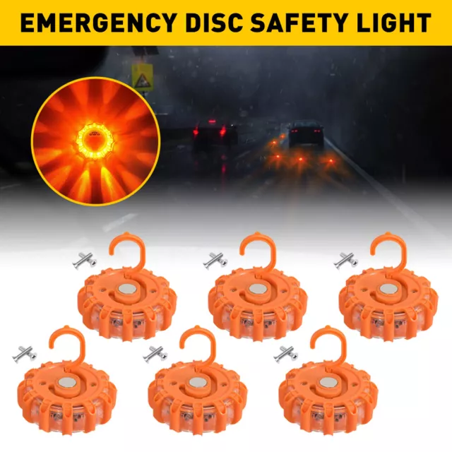 6 LED Road Flares Emergency Disc Safety Light Flashing Roadside Beacon Warning