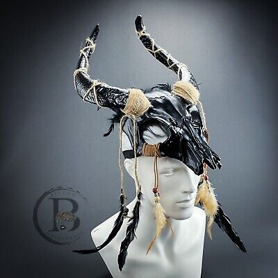 Unisex Ancestral Horned Demon Animal Skull Headdress Masquerade Mask [Black]