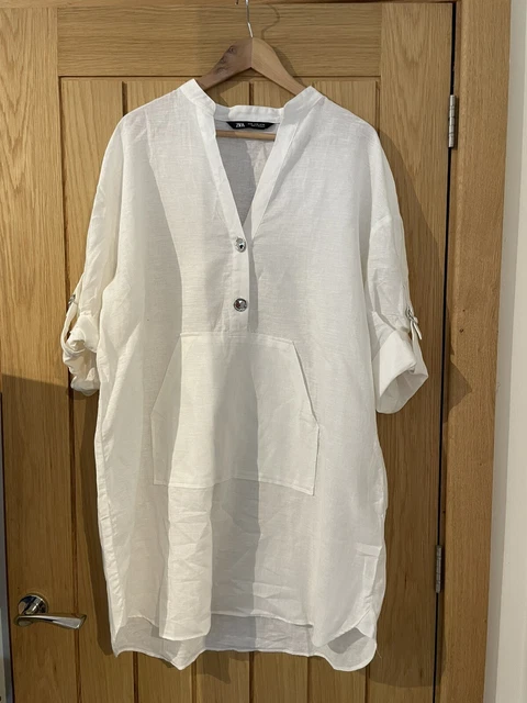ZARA WHITE LINEN Shirt Dress With Buttons Beach Holiday Summer Size Xl  Pocket 29.00 - PicClick UK