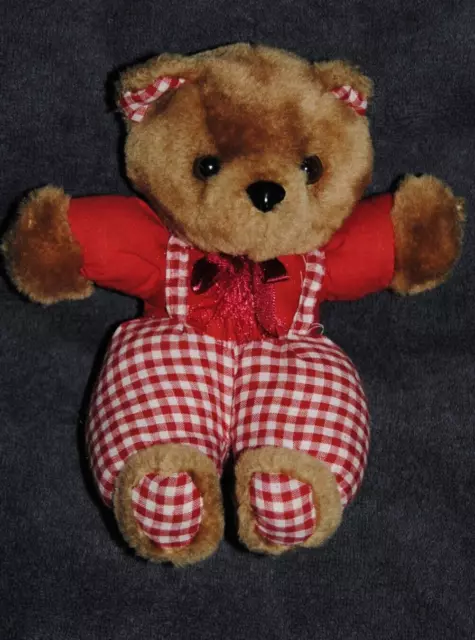 Peluche Doudou Ours PAMPERS Brun Rouge Vichy à Carreaux Ruban Satin 23 Cm TTBE