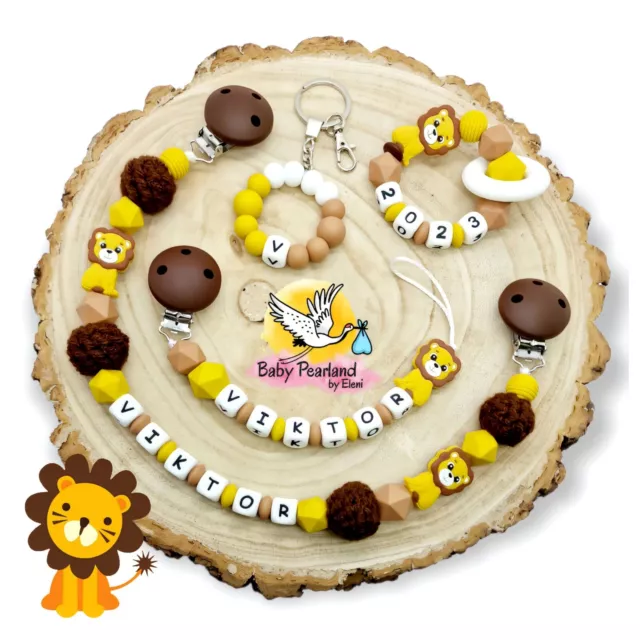 Babyset Schnullerkette mit Namen (4 Teile) Silikon ♡ Junge ♡ Geschenk ♡ "Löwe"