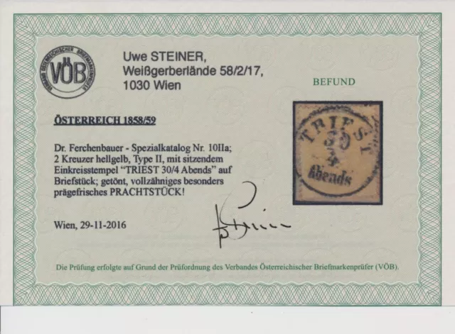 Österreich 1858 2kr, HELLGELB! BESONDERS PRÄGEFRISCH! TRIEST/Abends (Kü) VÖB!