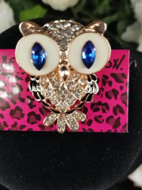 Super Cute Betsey Johnson Enamel & Crystal Rhinestone Large Eyed Owl Brooch Pin