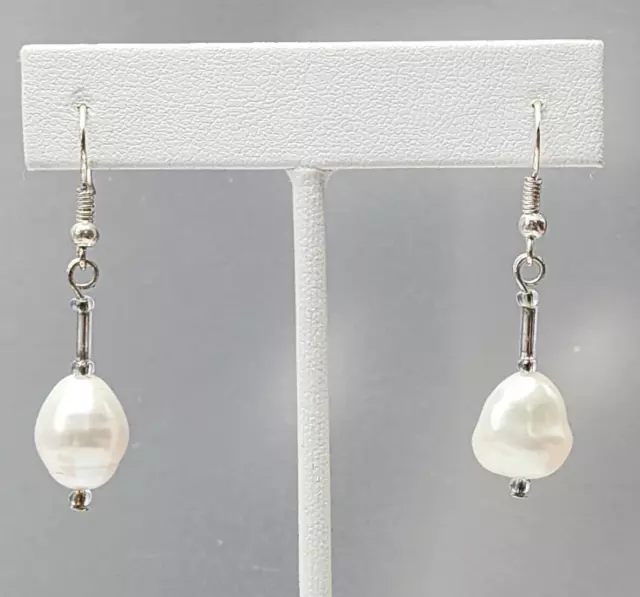 Natural White Freshwater Baroque Pearl Dangle Silver Tone Hook Earrings Handmade