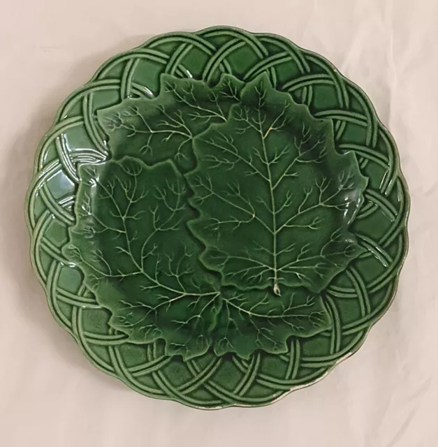 🔶️ANTIQUE GREEN MAJOLICA PLATE WITH OAK LEAF or GRAPE VINE 19TH C. BASKET WEAVE