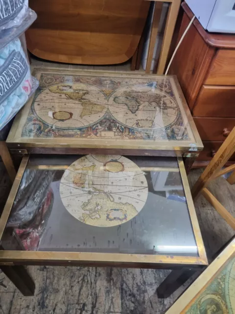 Rare Vintage Coffee side Table World Map Wooden And Brass Globe Design Nest Of 2