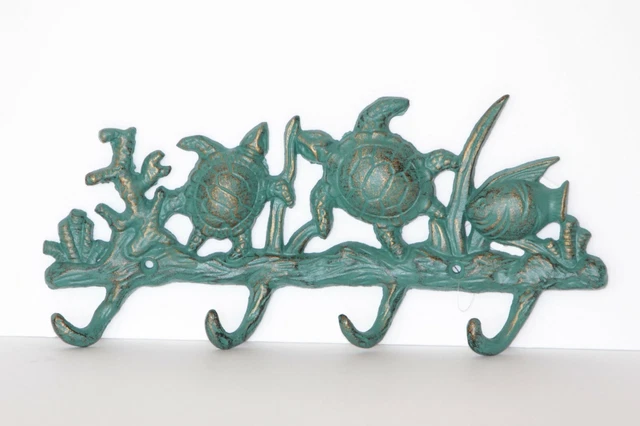Cast Iron Nautical Towel Coat Hooks Sealife Key Rack with Turtles and Fish Decor