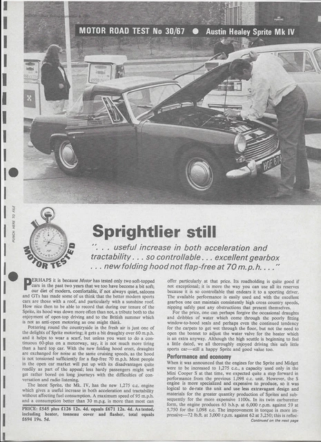 MOTOR MAGAZINE ROAD test: 1967 Austin-Healey Sprite Mk. IV (6-page car ...