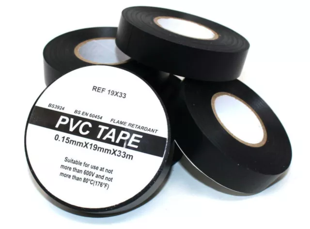 BLACK 19mm x 33m ELECTRICAL PVC INSULATION TAPE FLAME RETARDANT (5 - 500 Rolls)