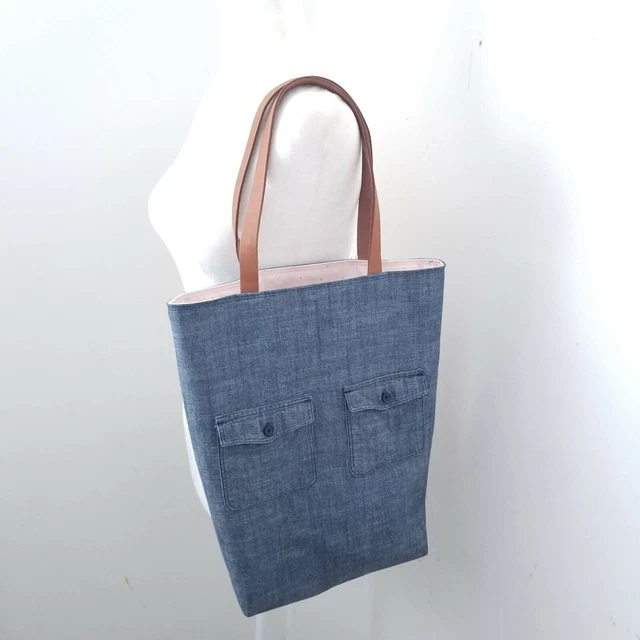 Blue Chambray Tote Bag Brown Leather Handles Pockets Pink Interior NEW Handmade