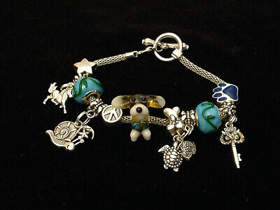 European Style Charm Bracelet Murano Glass Lampwork Bead Dog Lover Silver Charms