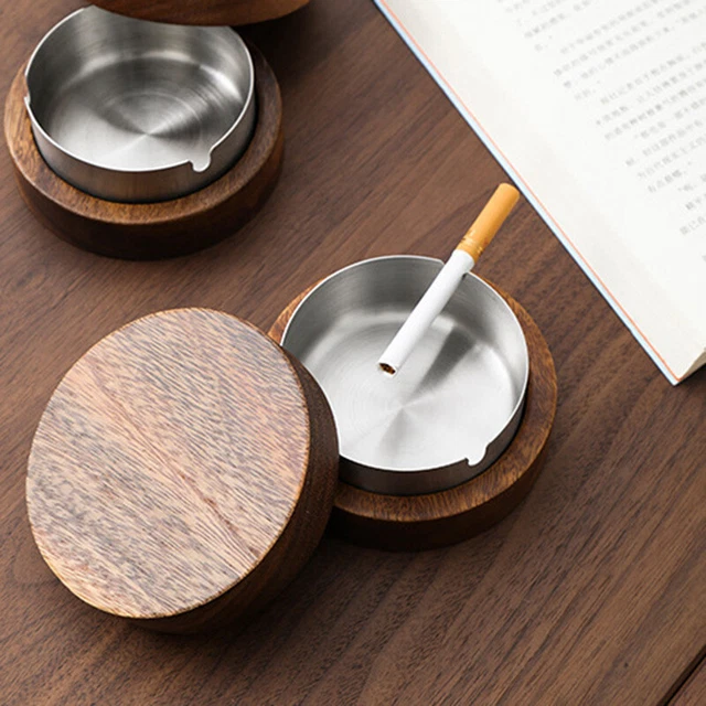 Cenere in legno di noce con coperchio posacenere antivento con lino in acciaio inox