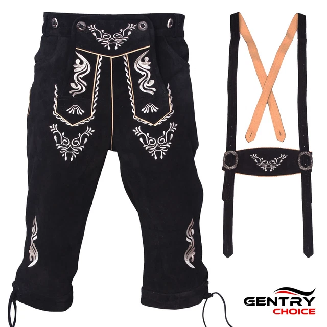 Leather Lederhosen Black Kniebundhosen Trachten German Mens Oktoberfest Costume