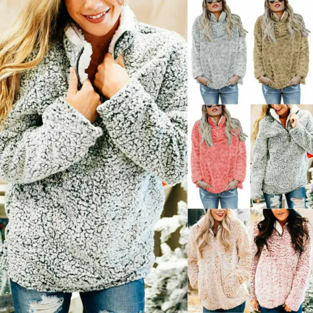 Womens Winter Fleece Fluffy Sweater Jumper Casual Teddy Bear Pullover Sweatshirt