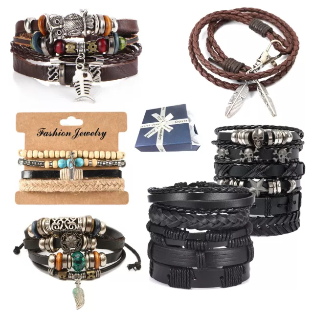 Mens Real Leather Bracelet Braided Wristband Bangle Punk Beaded Surfer Wrap Gift