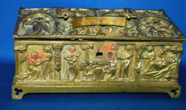 An antique 19th century brass gothic, medieval, church, religious casket, German
