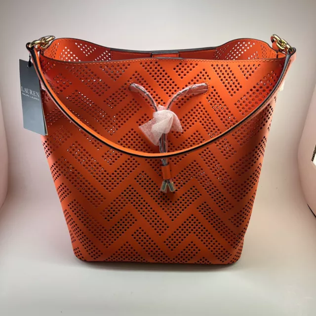 NWT Original RALPH LAUREN Debby Bucket Drawstring Bag Perforated Leather Orange