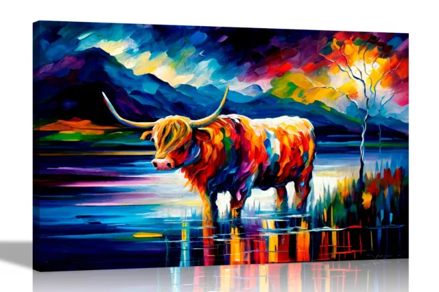 Highland Cow in River Abstract Canvas Wall Art Pictures Colourful Prints Posters