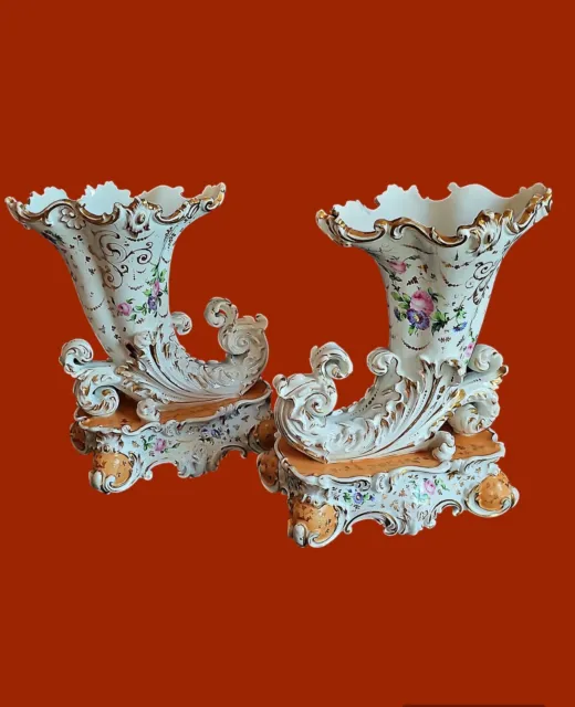 Antique French Old Paris Pair of Porcelain Cornucopia Vases Signed Jacob Petit.